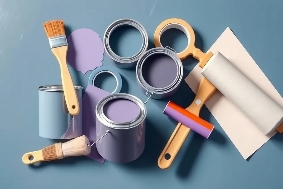 Pots de peinture, nuancier, brosses et rouleaux disposés à plat