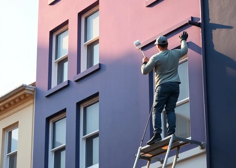 Peintre sur échafaudage traitant la façade d'une maison